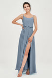 Spaghetti Straps Chiffon A Line Bridesmaid Dress Long Ruched Formal Evening Dresses with Slit
