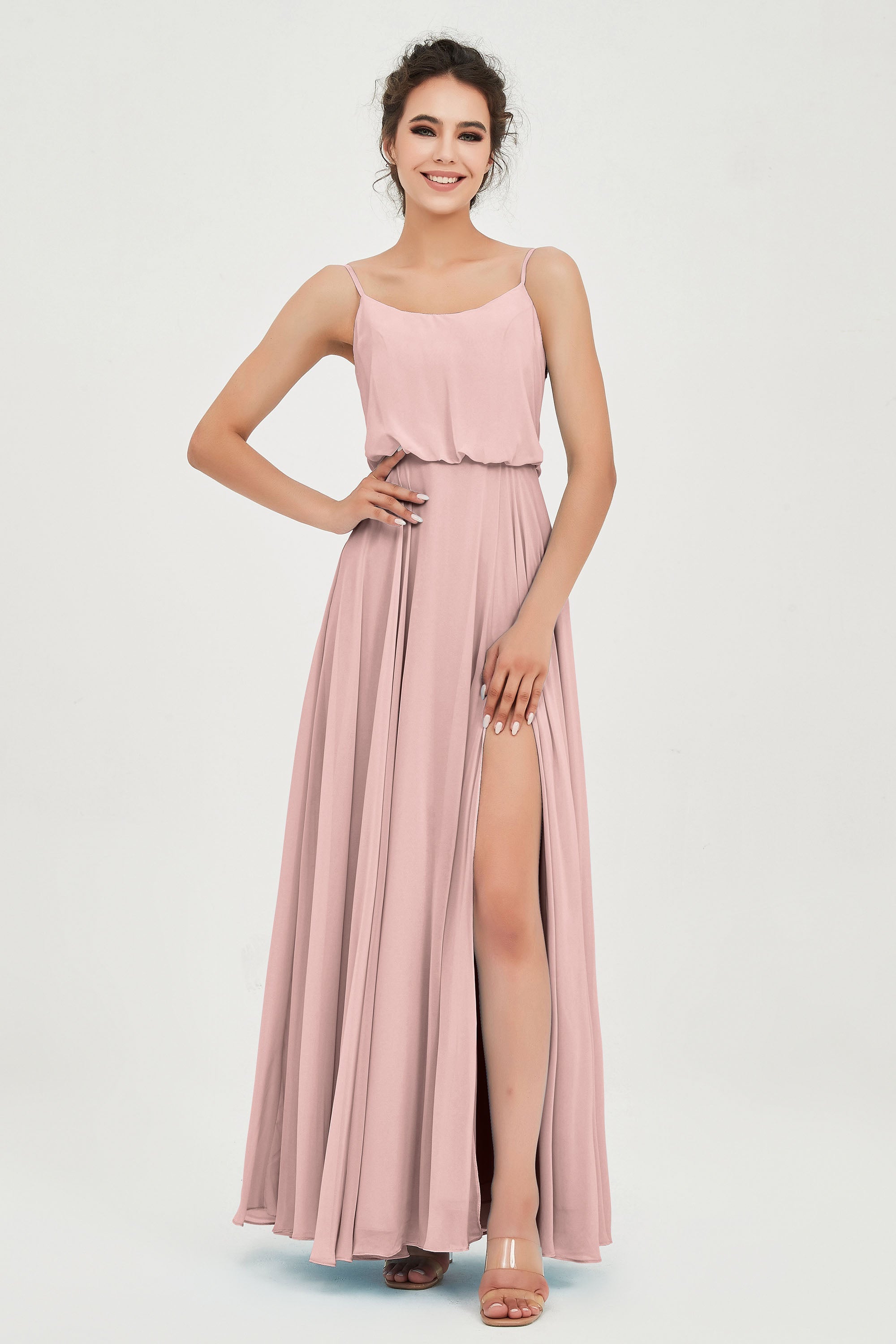 Spaghetti Straps Chiffon A Line Bridesmaid Dress Long Ruched Formal Evening Dresses with Slit