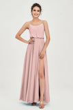 Spaghetti Straps Chiffon A Line Bridesmaid Dress Long Ruched Formal Evening Dresses with Slit
