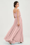 Spaghetti Straps Chiffon A Line Bridesmaid Dress Long Ruched Formal Evening Dresses with Slit