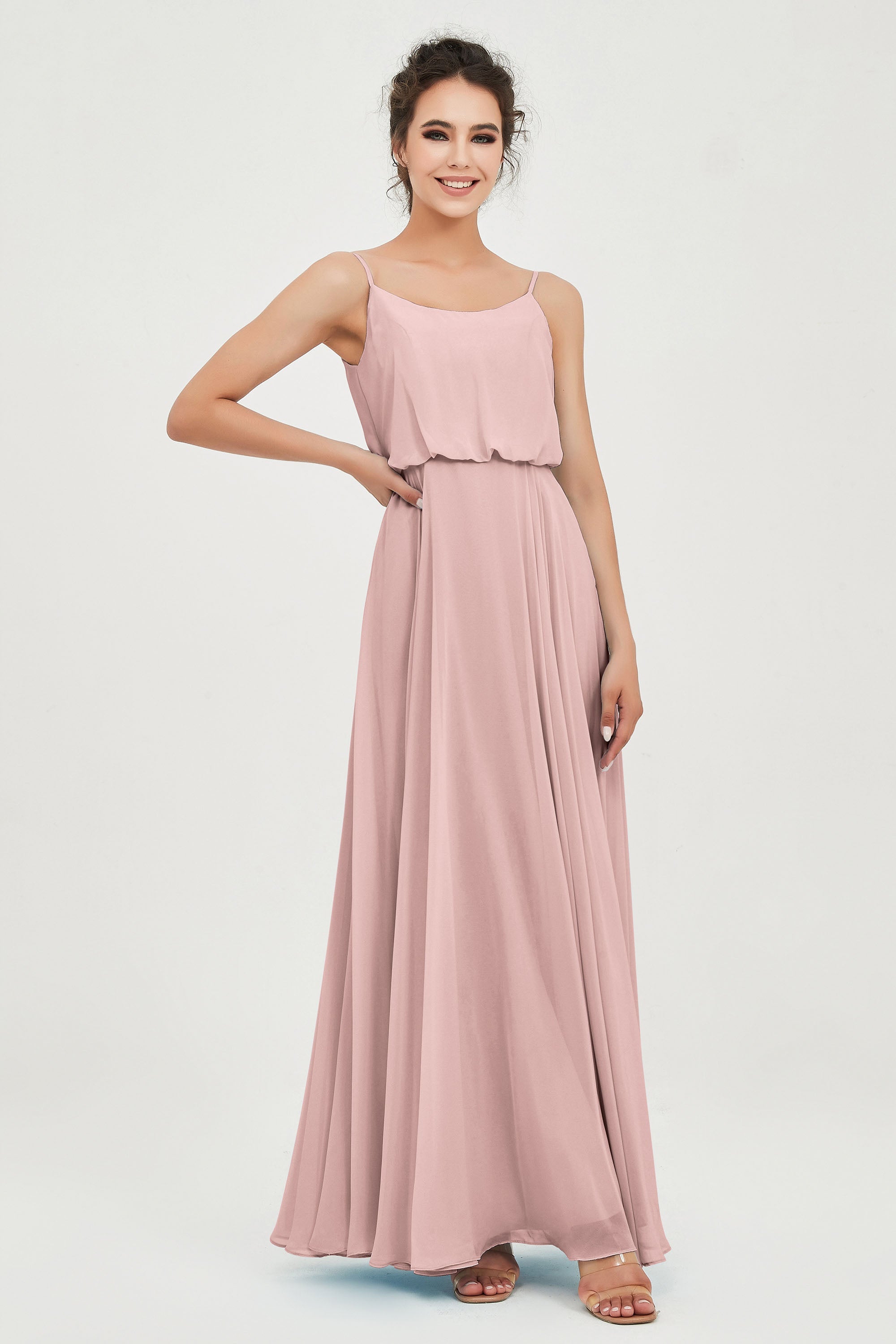 Spaghetti Straps Chiffon A Line Bridesmaid Dress Long Ruched Formal Evening Dresses with Slit