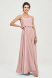 Spaghetti Straps Chiffon A Line Bridesmaid Dress Long Ruched Formal Evening Dresses with Slit
