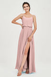 Spaghetti Straps Chiffon A Line Bridesmaid Dress Long Ruched Formal Evening Dresses with Slit