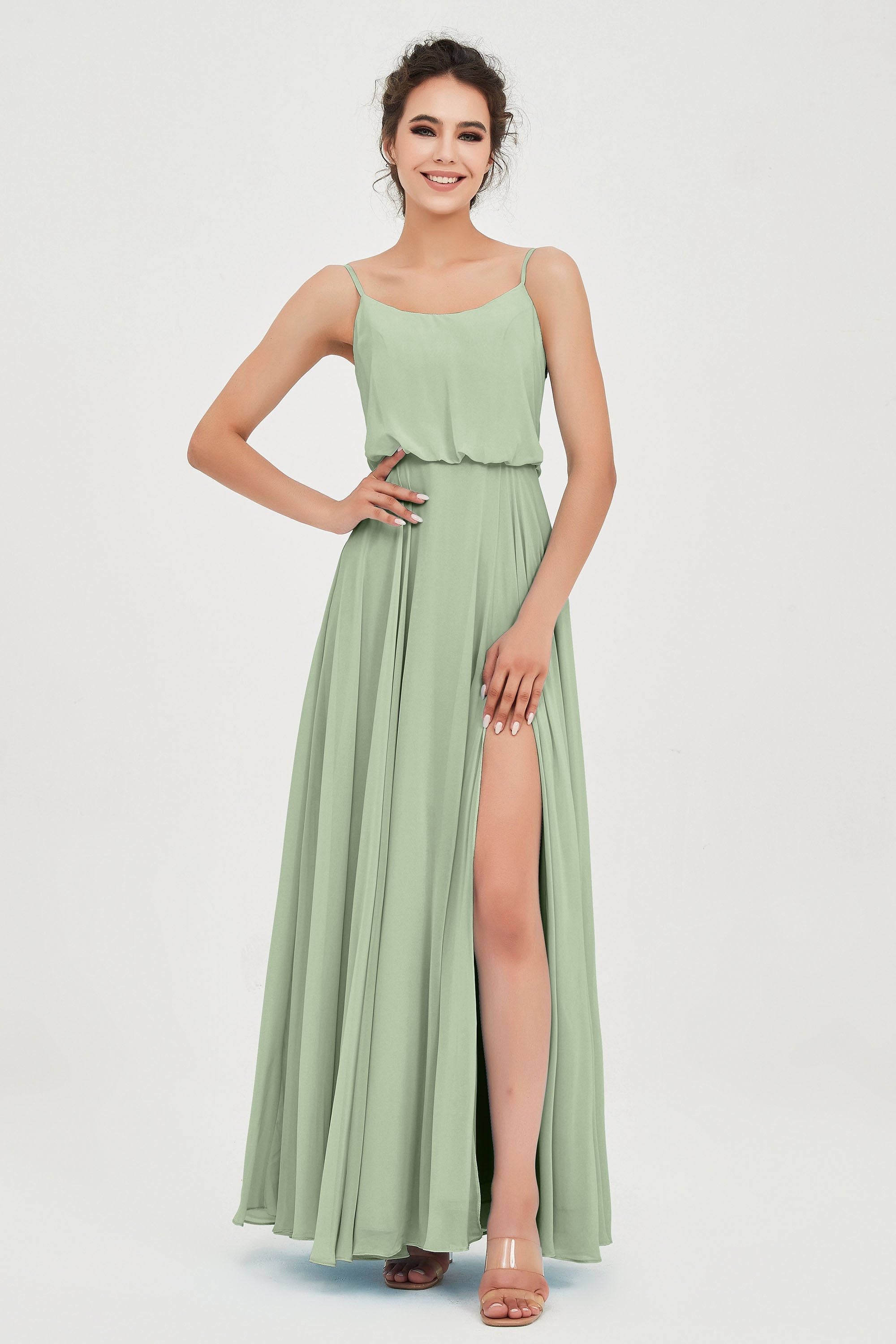 Spaghetti Straps Chiffon A Line Bridesmaid Dress Long Ruched Formal Evening Dresses with Slit