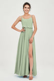 Spaghetti Straps Chiffon A Line Bridesmaid Dress Long Ruched Formal Evening Dresses with Slit