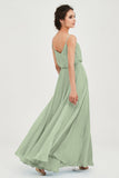 Spaghetti Straps Chiffon A Line Bridesmaid Dress Long Ruched Formal Evening Dresses with Slit
