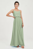 Spaghetti Straps Chiffon A Line Bridesmaid Dress Long Ruched Formal Evening Dresses with Slit