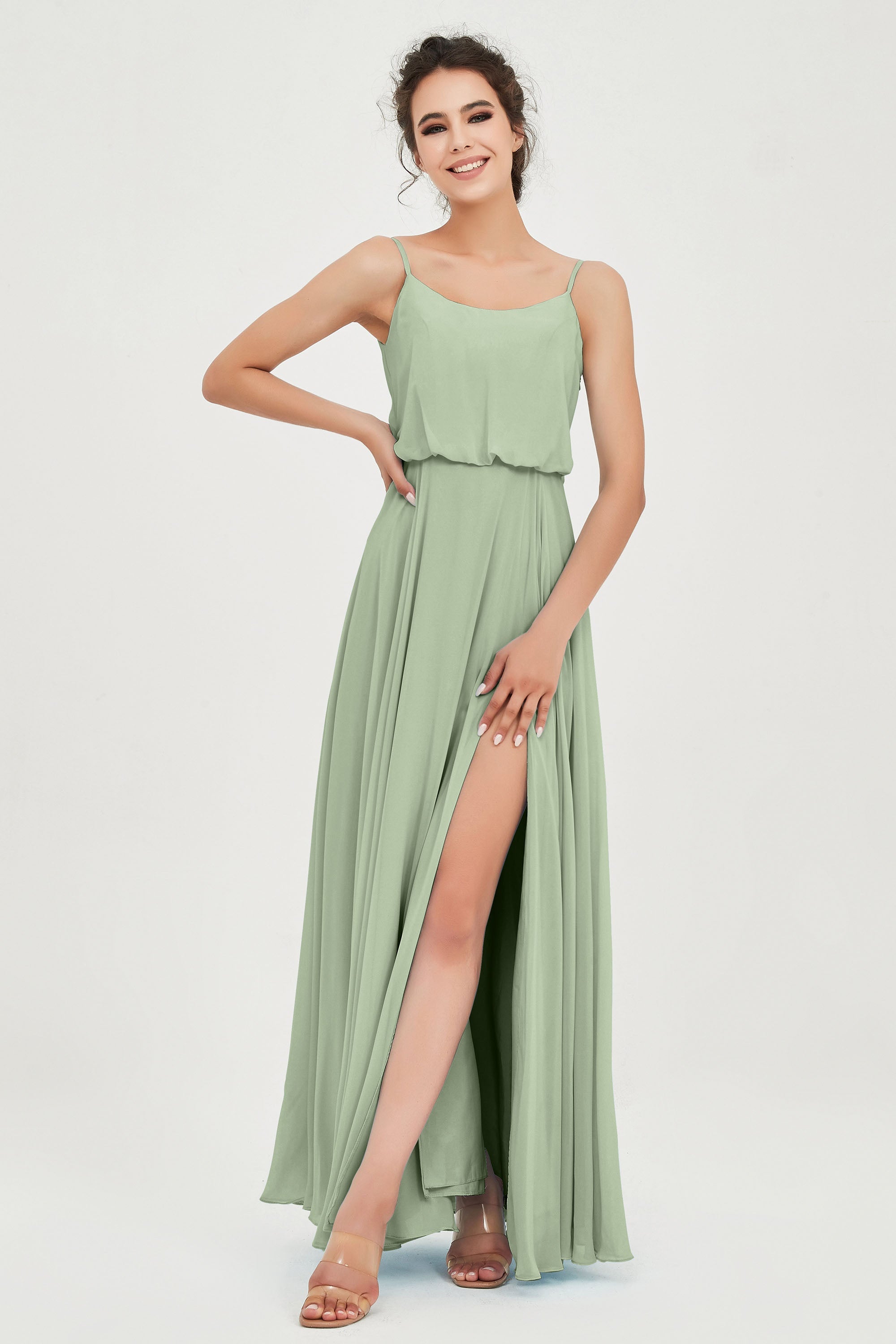 Spaghetti Straps Chiffon A Line Bridesmaid Dress Long Ruched Formal Evening Dresses with Slit