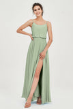 Spaghetti Straps Chiffon A Line Bridesmaid Dress Long Ruched Formal Evening Dresses with Slit