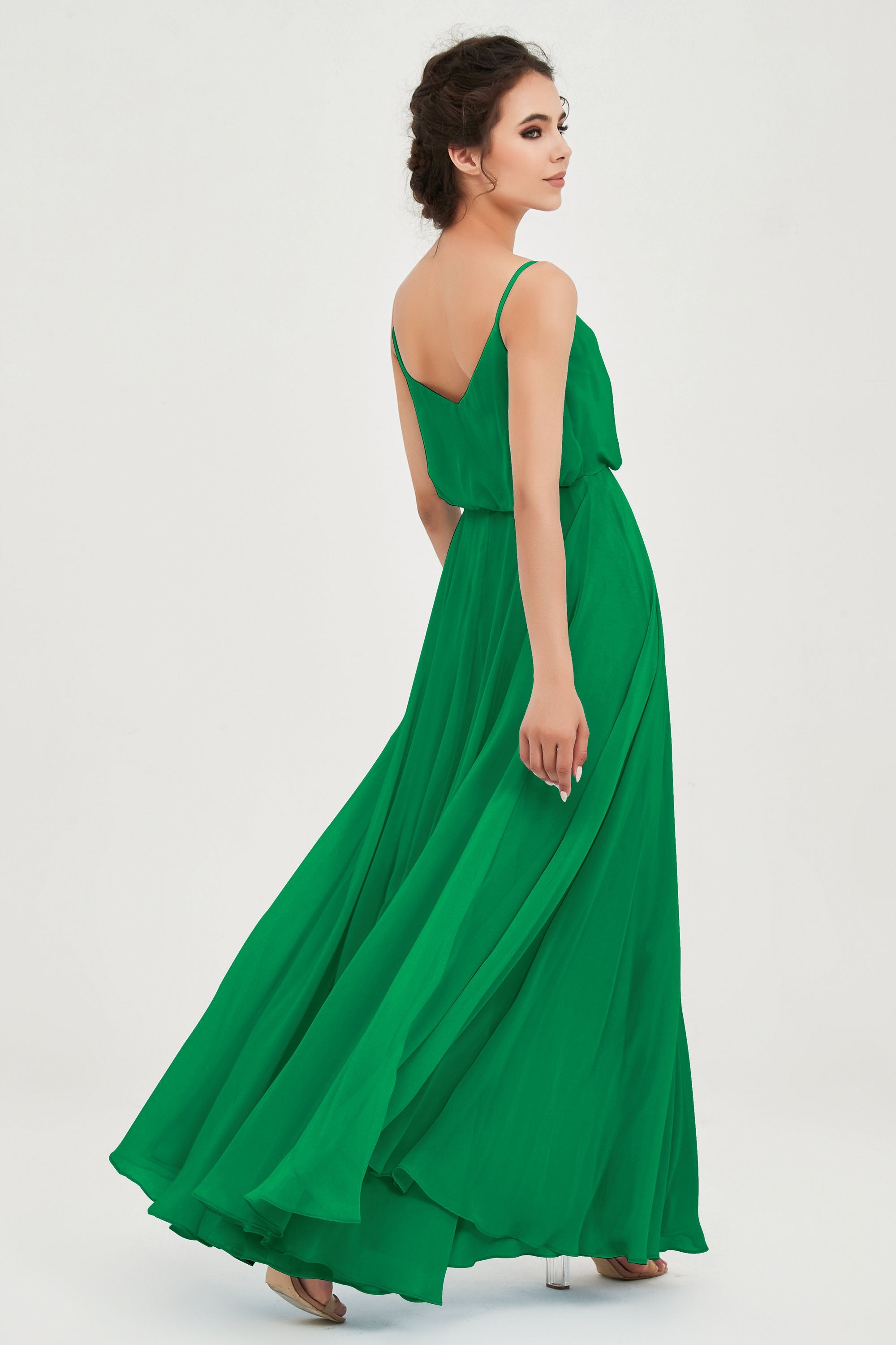 Spaghetti Straps Chiffon A Line Bridesmaid Dress Long Ruched Formal Evening Dresses with Slit