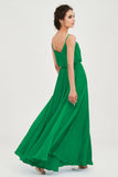 Spaghetti Straps Chiffon A Line Bridesmaid Dress Long Ruched Formal Evening Dresses with Slit