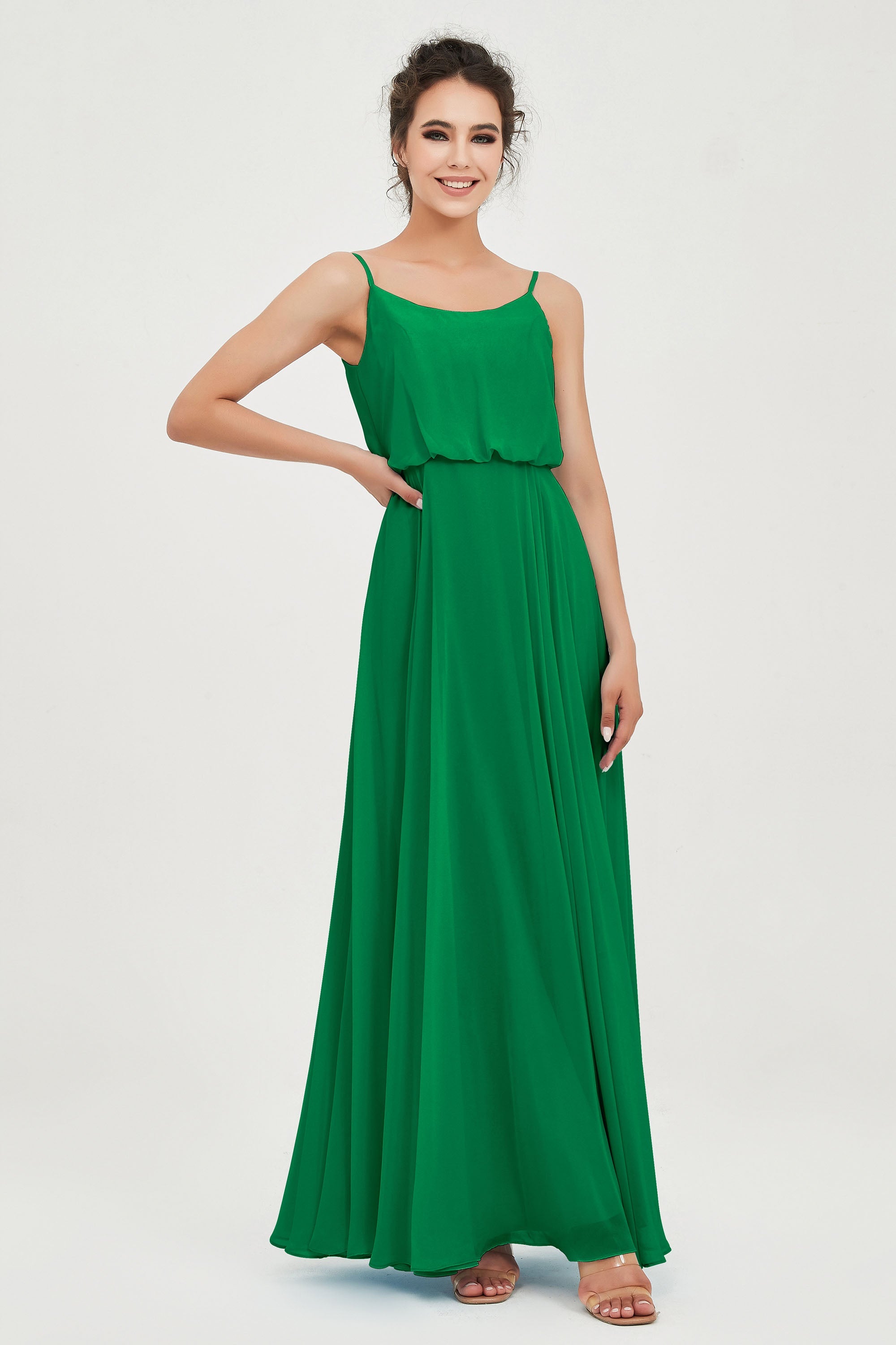 Spaghetti Straps Chiffon A Line Bridesmaid Dress Long Ruched Formal Evening Dresses with Slit