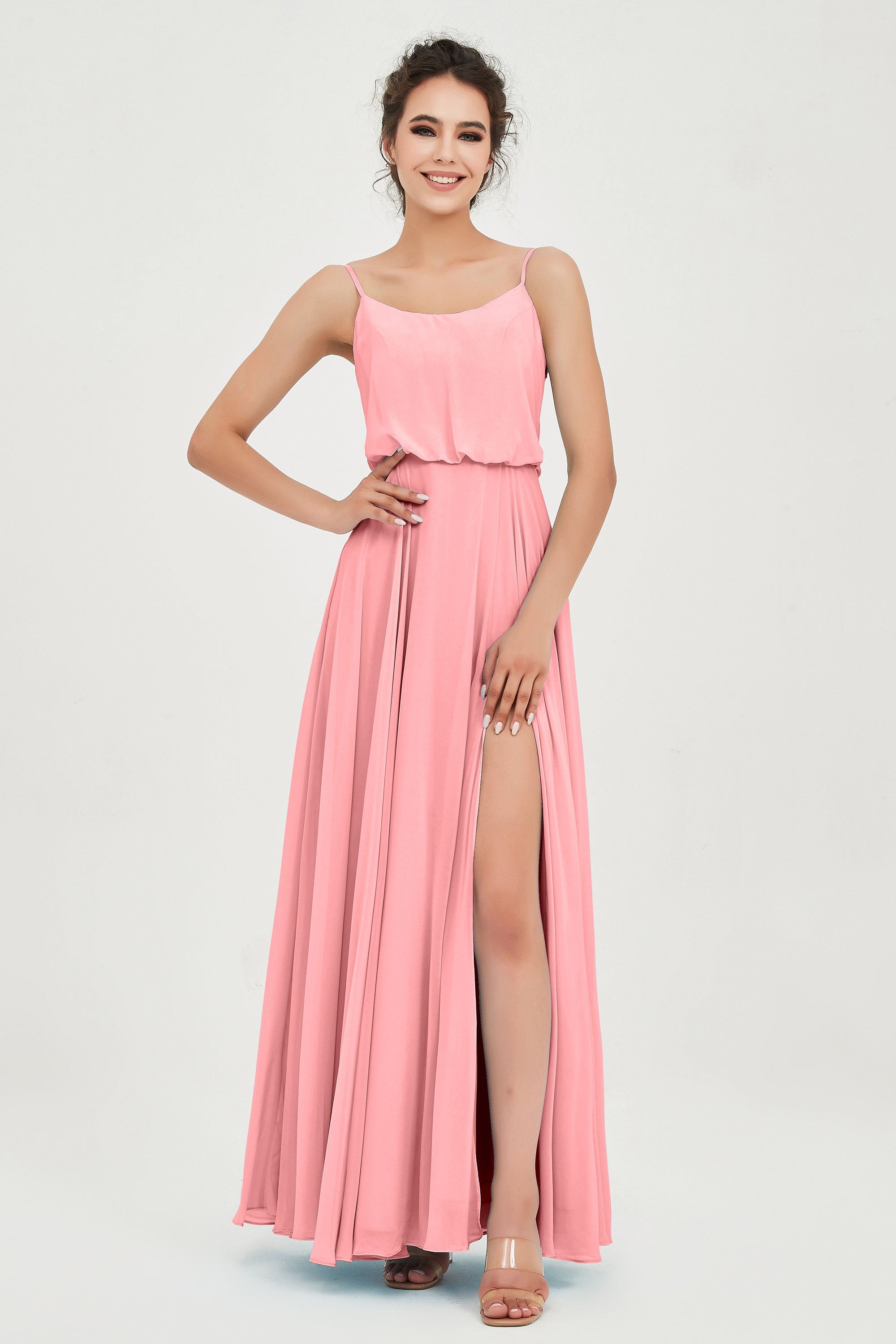 Spaghetti Straps Chiffon A Line Bridesmaid Dress Long Ruched Formal Evening Dresses with Slit