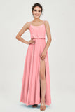 Spaghetti Straps Chiffon A Line Bridesmaid Dress Long Ruched Formal Evening Dresses with Slit