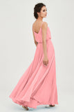 Spaghetti Straps Chiffon A Line Bridesmaid Dress Long Ruched Formal Evening Dresses with Slit