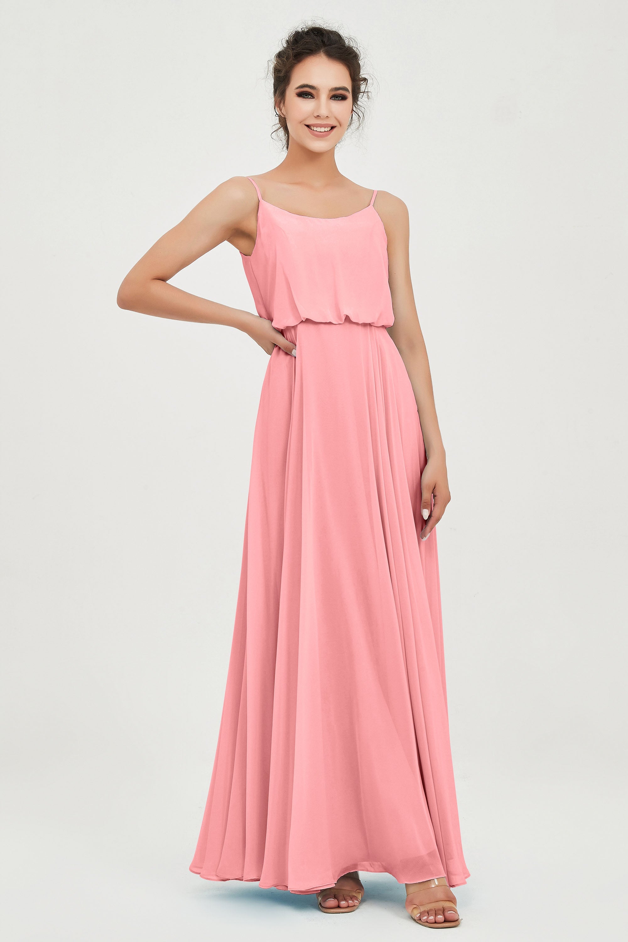 Spaghetti Straps Chiffon A Line Bridesmaid Dress Long Ruched Formal Evening Dresses with Slit
