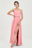 Spaghetti Straps Chiffon A Line Bridesmaid Dress Long Ruched Formal Evening Dresses with Slit