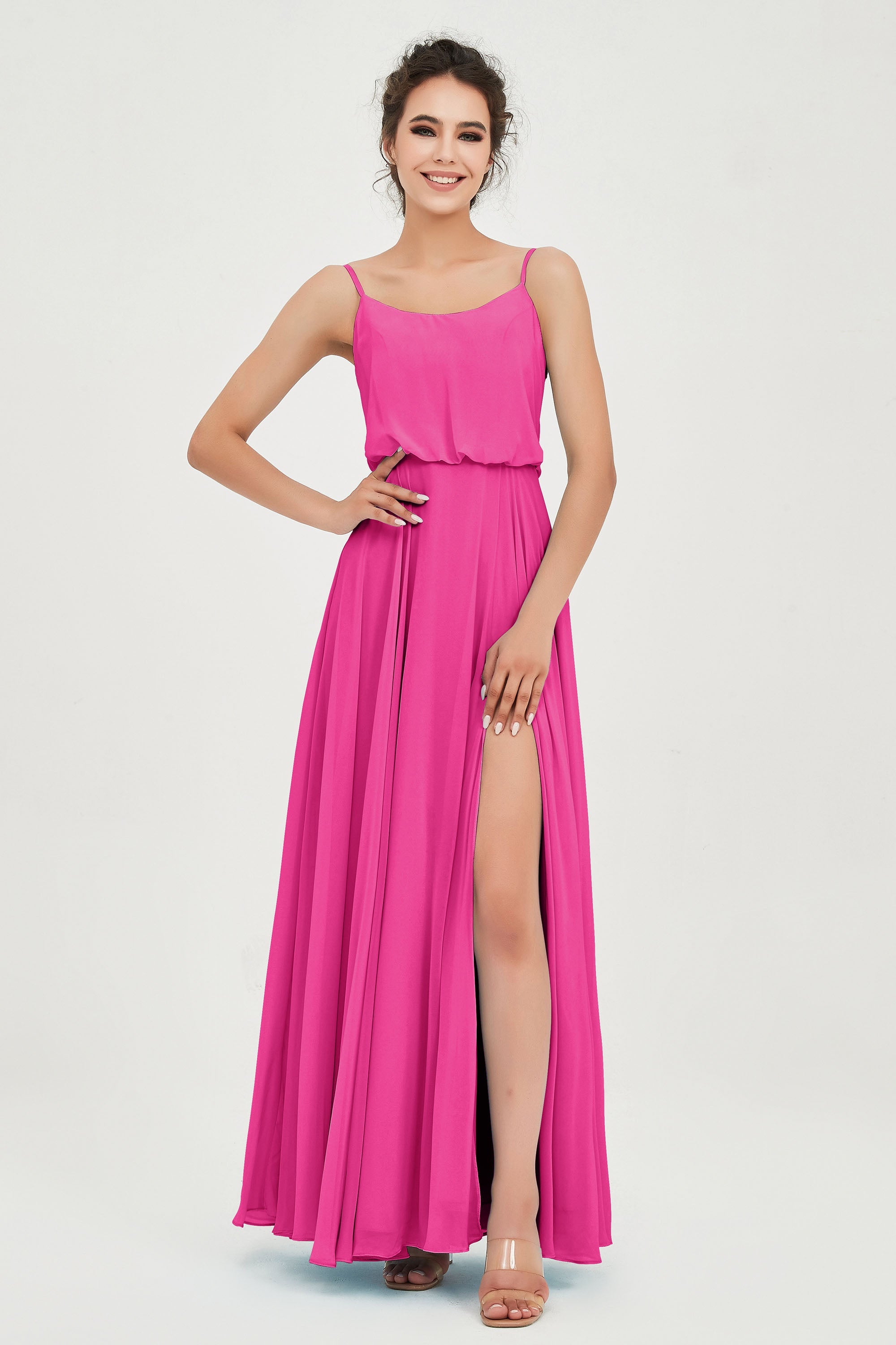 Spaghetti Straps Chiffon A Line Bridesmaid Dress Long Ruched Formal Evening Dresses with Slit