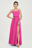 Spaghetti Straps Chiffon A Line Bridesmaid Dress Long Ruched Formal Evening Dresses with Slit