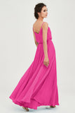 Spaghetti Straps Chiffon A Line Bridesmaid Dress Long Ruched Formal Evening Dresses with Slit