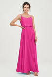 Spaghetti Straps Chiffon A Line Bridesmaid Dress Long Ruched Formal Evening Dresses with Slit
