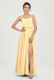 Spaghetti Straps Chiffon A Line Bridesmaid Dress Long Ruched Formal Evening Dresses with Slit