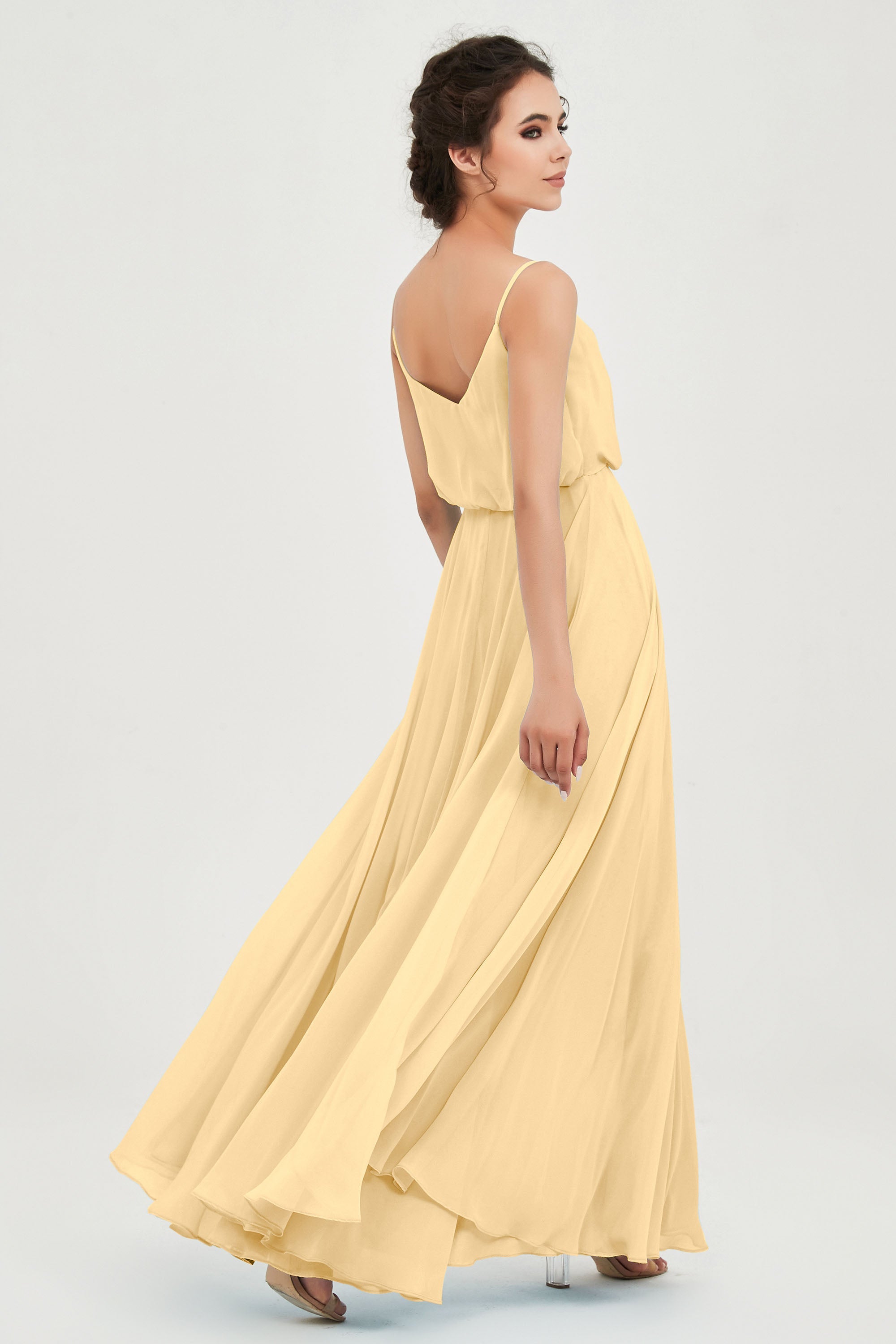 Spaghetti Straps Chiffon A Line Bridesmaid Dress Long Ruched Formal Evening Dresses with Slit