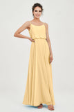 Spaghetti Straps Chiffon A Line Bridesmaid Dress Long Ruched Formal Evening Dresses with Slit