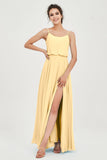 Spaghetti Straps Chiffon A Line Bridesmaid Dress Long Ruched Formal Evening Dresses with Slit