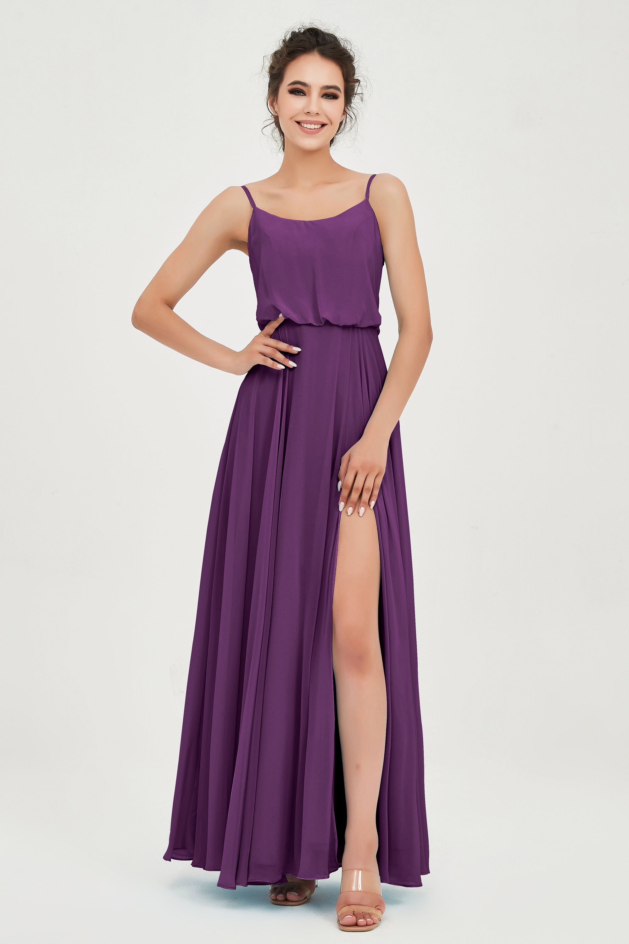 Spaghetti Straps Chiffon A Line Bridesmaid Dress Long Ruched Formal Evening Dresses with Slit