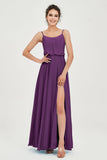 Spaghetti Straps Chiffon A Line Bridesmaid Dress Long Ruched Formal Evening Dresses with Slit