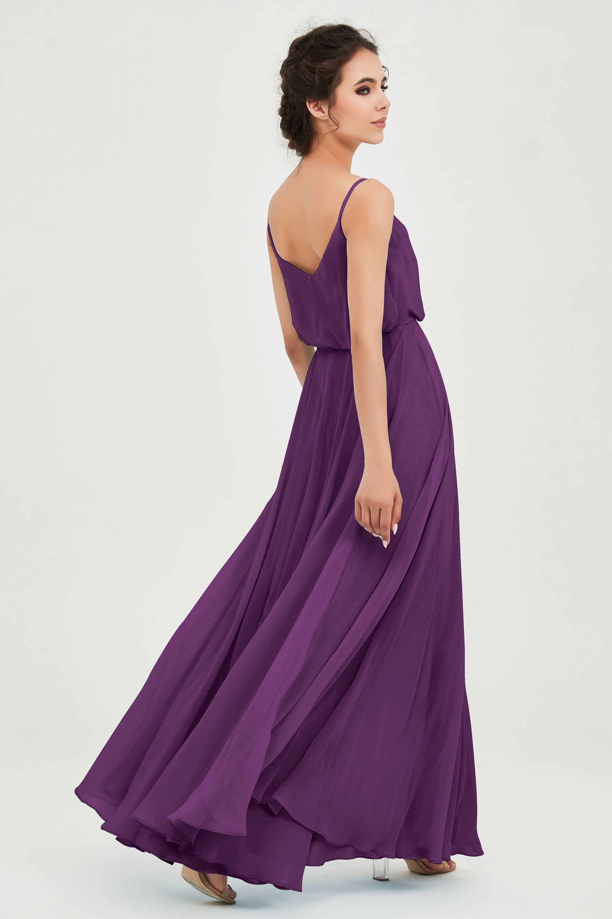 Spaghetti Straps Chiffon A Line Bridesmaid Dress Long Ruched Formal Evening Dresses with Slit