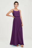 Spaghetti Straps Chiffon A Line Bridesmaid Dress Long Ruched Formal Evening Dresses with Slit