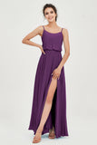 Spaghetti Straps Chiffon A Line Bridesmaid Dress Long Ruched Formal Evening Dresses with Slit
