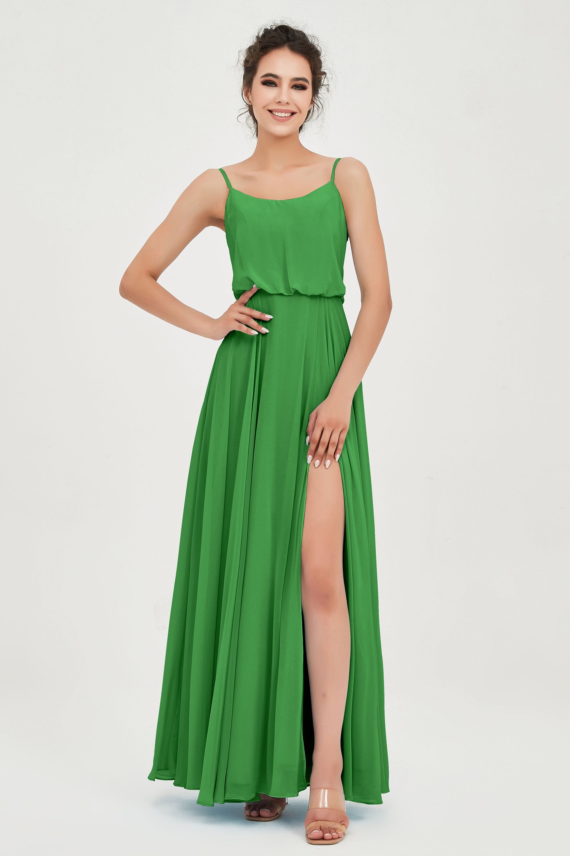 Spaghetti Straps Chiffon A Line Bridesmaid Dress Long Ruched Formal Evening Dresses with Slit