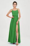 Spaghetti Straps Chiffon A Line Bridesmaid Dress Long Ruched Formal Evening Dresses with Slit