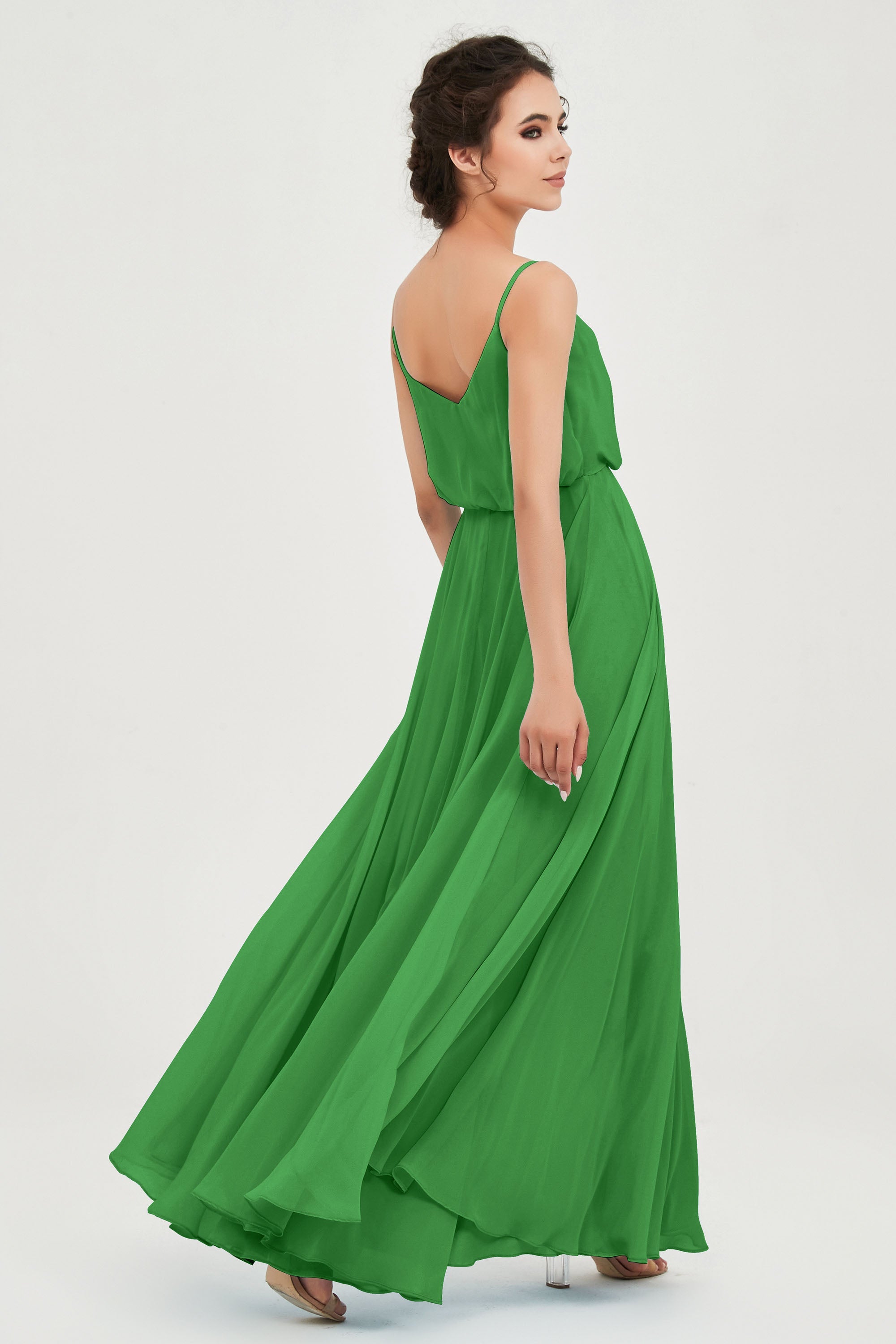 Spaghetti Straps Chiffon A Line Bridesmaid Dress Long Ruched Formal Evening Dresses with Slit
