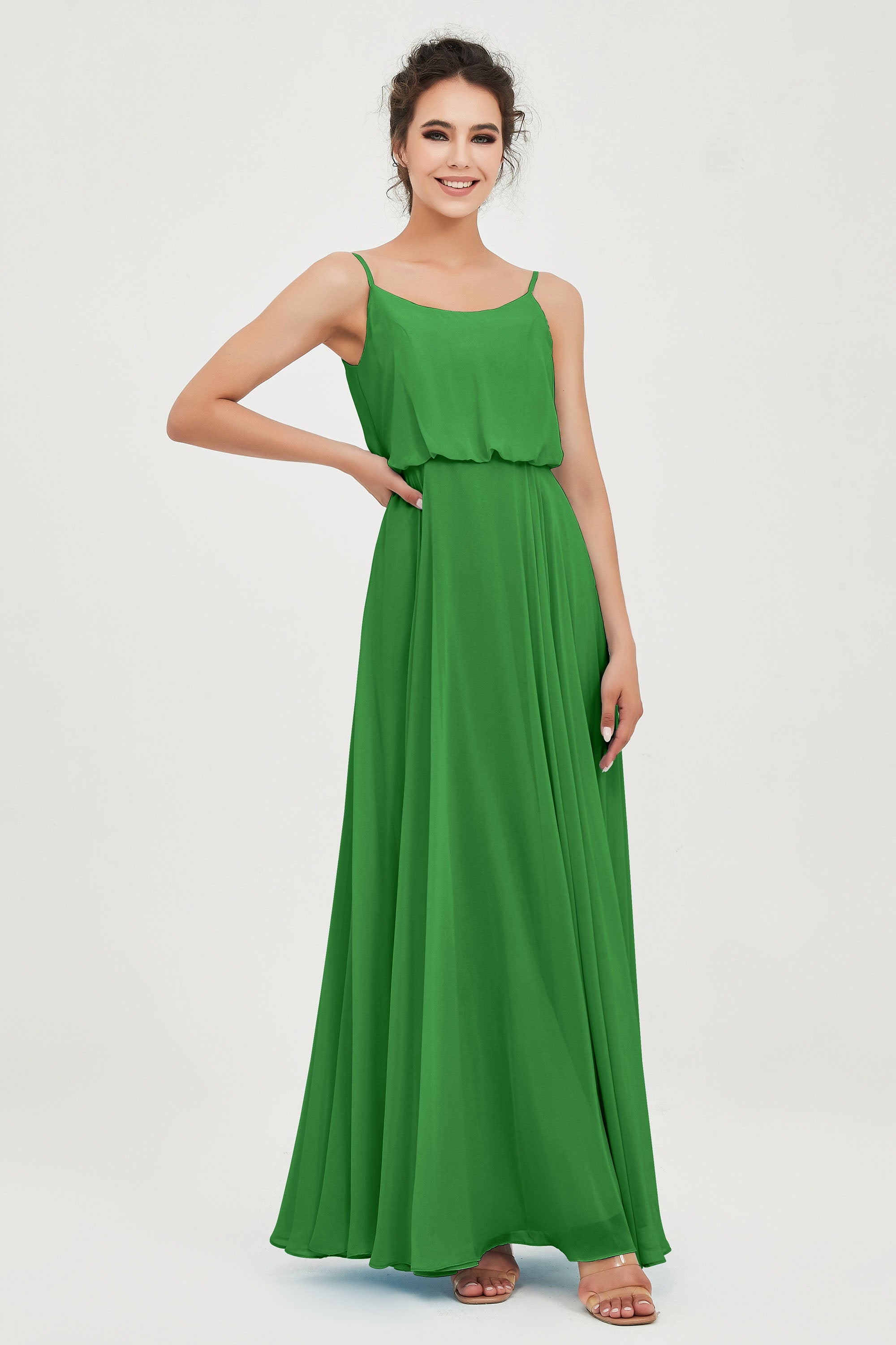 Spaghetti Straps Chiffon A Line Bridesmaid Dress Long Ruched Formal Evening Dresses with Slit