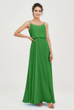 Spaghetti Straps Chiffon A Line Bridesmaid Dress Long Ruched Formal Evening Dresses with Slit
