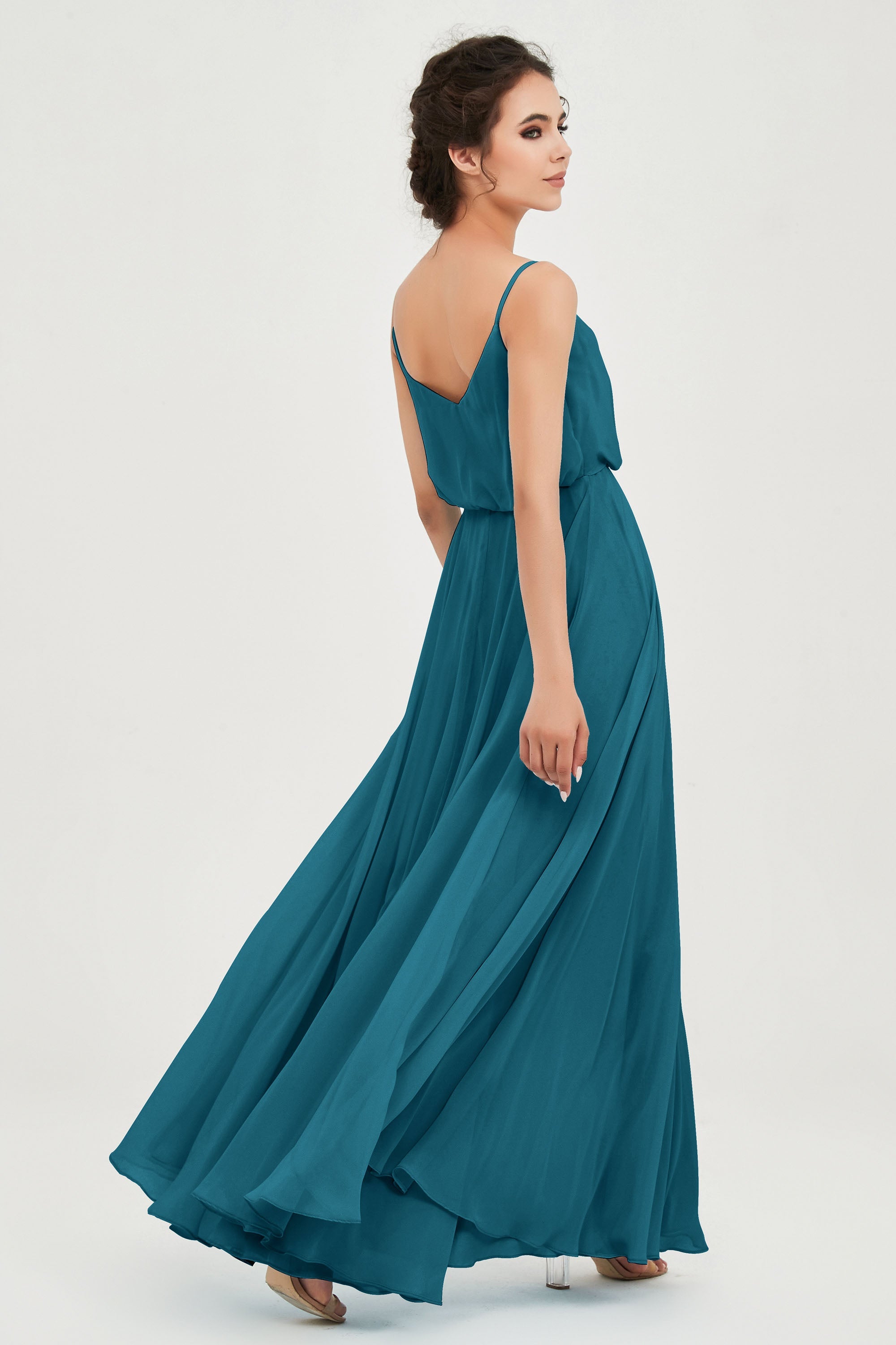 Spaghetti Straps Chiffon A Line Bridesmaid Dress Long Ruched Formal Evening Dresses with Slit