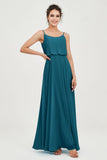 Spaghetti Straps Chiffon A Line Bridesmaid Dress Long Ruched Formal Evening Dresses with Slit