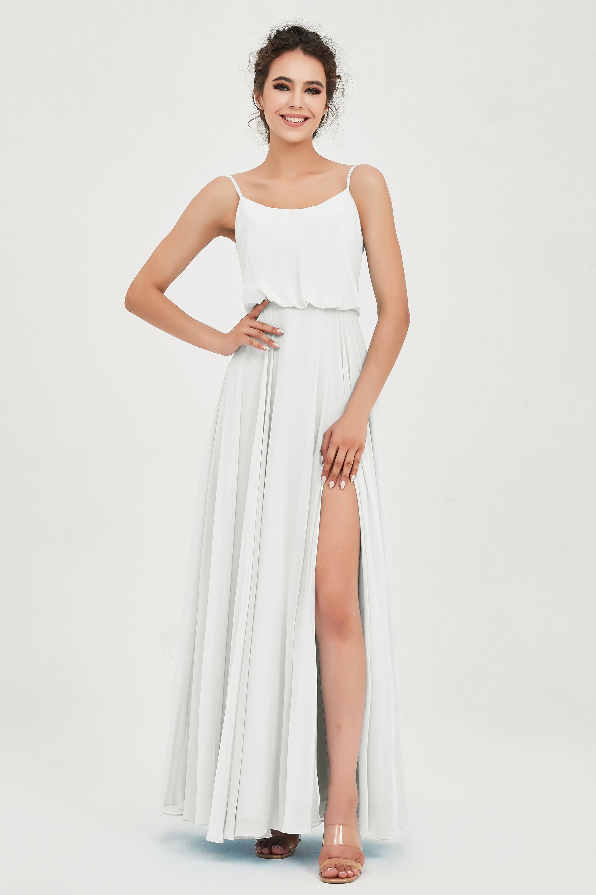 Spaghetti Straps Chiffon A Line Bridesmaid Dress Long Ruched Formal Evening Dresses with Slit