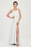 Spaghetti Straps Chiffon A Line Bridesmaid Dress Long Ruched Formal Evening Dresses with Slit