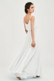Spaghetti Straps Chiffon A Line Bridesmaid Dress Long Ruched Formal Evening Dresses with Slit
