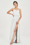 Spaghetti Straps Chiffon A Line Bridesmaid Dress Long Ruched Formal Evening Dresses with Slit