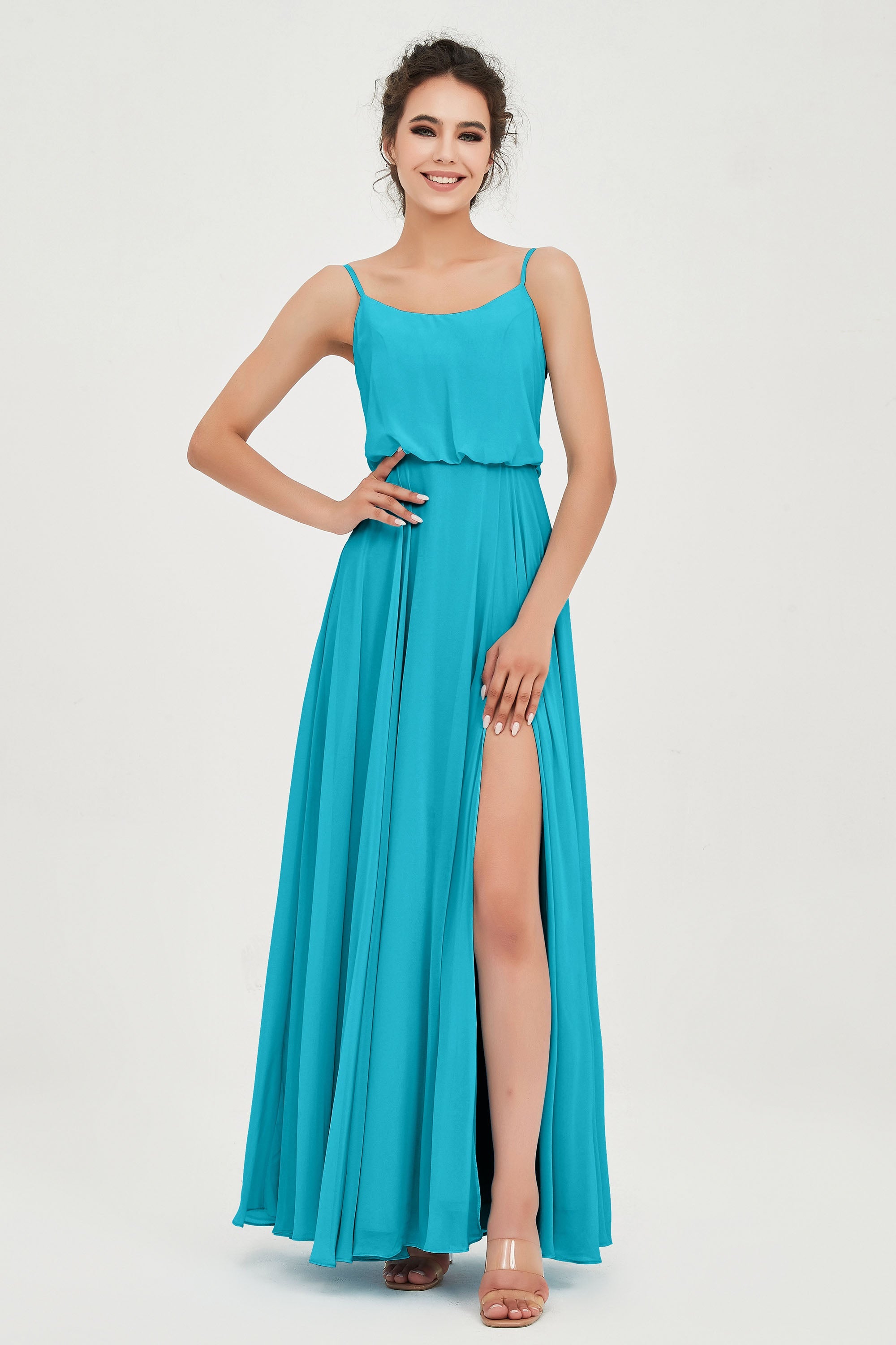 Spaghetti Straps Chiffon A Line Bridesmaid Dress Long Ruched Formal Evening Dresses with Slit