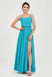 Spaghetti Straps Chiffon A Line Bridesmaid Dress Long Ruched Formal Evening Dresses with Slit