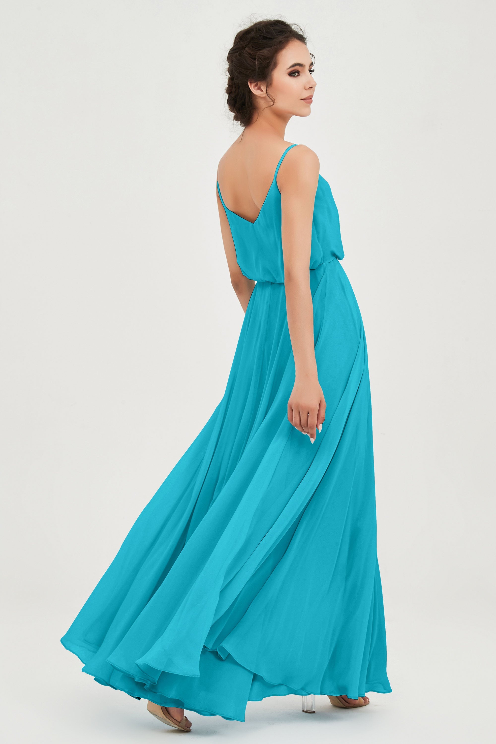 Spaghetti Straps Chiffon A Line Bridesmaid Dress Long Ruched Formal Evening Dresses with Slit