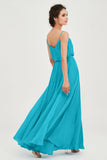Spaghetti Straps Chiffon A Line Bridesmaid Dress Long Ruched Formal Evening Dresses with Slit