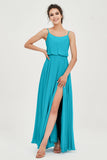 Spaghetti Straps Chiffon A Line Bridesmaid Dress Long Ruched Formal Evening Dresses with Slit